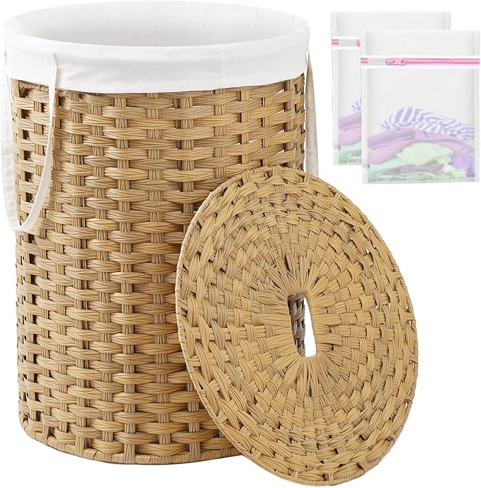 SETVSON Laundry Basket with Lid Round Rattan Laundry Hamper with Lid and Handles 29.1 Gal (110 L) Handwoven Woven Basket with Removable Bags and 2 Mesh Bags for Bathroom Living Room Natural by SETVSON