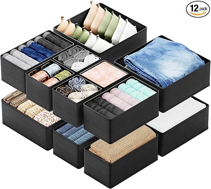 SpaceAid Drawer Organizer Clothes, 12 Pack Dresser Organizer Bins for Nursery, Closet Organization and Storage Dividers for Clothing, Baby Clothes, Underwears, Socks (Black) by SpaceAid