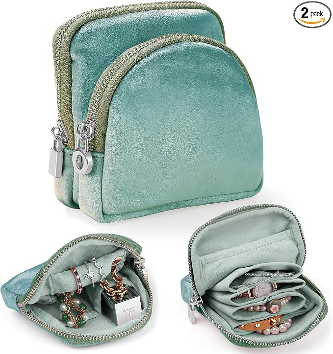 Small Travel Jewelry Case Set 2-in-1 Detachable Velvet Pouches, Portable Jewelry Organizer Bag for Rings Earrings Bracelets, Gift Box for Women (Mint Green) by Lumayina