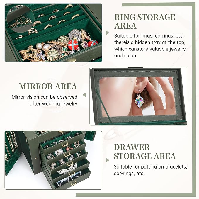 AKOZLIN Huge Jewelry Box Organizer Functional Large Leather Jewelry Storage Case for Women Girls Ring Necklace Earring Bracelet Holder Organizer with Mirror - Image 2