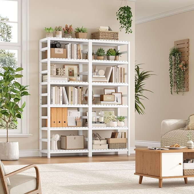 FOTOSOK 6-Tier Bamboo Shelf, Bamboo Bookcase with Adjustable Shelves, Free Standing Storage Shelf Unit, Plant Flower Stand for Bathroom, Kitchen, Home Office, White - Image 2