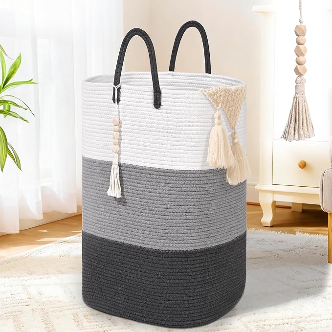 Woven Laundry Basket for Clothes,100 L Large Rectangle Laundry Hampers with Beads Tassel, Nursery Storage Basket for Toys, Tall Dirty Clothes Hamper for Bedroom Aesthetic, Laundry Room Organization by WENMER