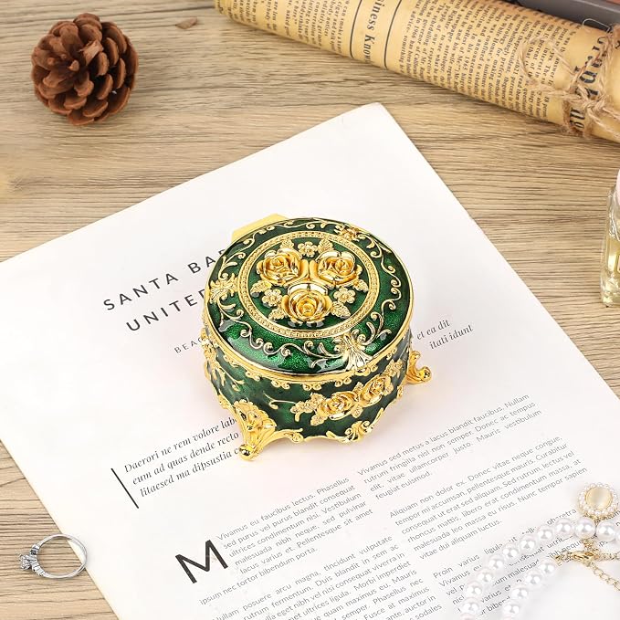 Hipiwe Vintage Jewelry Box Small Trinket Storage Organizer Box Gold Metal Chest Ring Case Treasure Chest Round Keepsake Boxes for Earrings Necklace Gift for Women,Green - Image 2