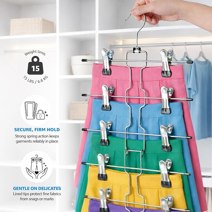ZOBER 3-Pack 6-Tier Skirt Hangers with Clips - Pants Hangers with Clips Space Saving, Closet Organization, Swivel Hooks, College Dorm Essentials, Skirt Hangers for Women, Jeans Organizer for Closet - Image 3