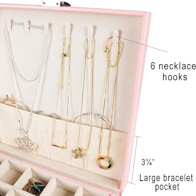 Frebeauty Earring Organizer Classic Jewelry Box 50 Slots Double Layer Jewelry Storage Case with 6 Necklace Hook and Bracelet Pocket(Pink) - Image 3