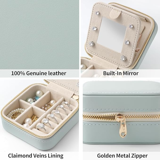 Genuine Leather Travel Jewelry Case Organizer with Mirror for Women, Small Jewelry Box Portable Mini Jewelry Case for Earring, Ring, Necklace, Bracelet（Lychee Grain Purple） - Image 3