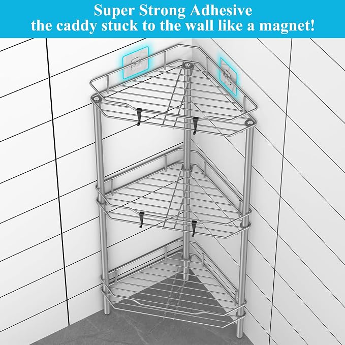 HuggieGems 3 Tier Floor Standing Corner Shower Caddy Organizer Shelf with Hooks, Bathroom Shelves Stand Rack, Gray - Image 2