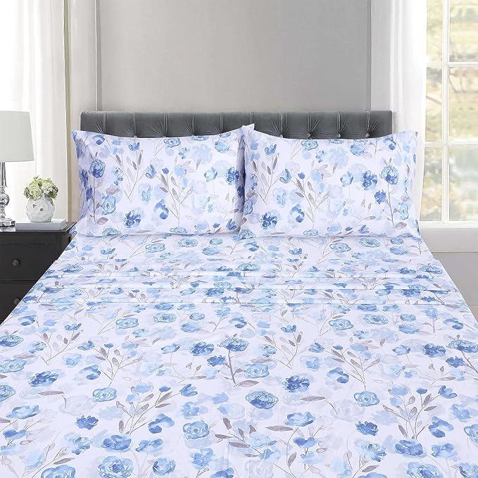 RUVANTI 100% Cotton Sheets – California King Percale Bedding, Cooling & Breathable Floral Design, Durable with a Crisp, Soft & Comfortable Feel, 14" Deep Pocket, 4-Piece Set, Monotones