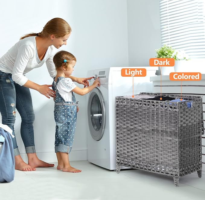 Laundry Hamper with 3 Removable Liner Bags; 132L Handwoven Rattan Laundry Basket with Lid & Heightened Feet; Clothes Hamper with Side Handles; Laundry Sorter with 3 Separate Sections - Image 2