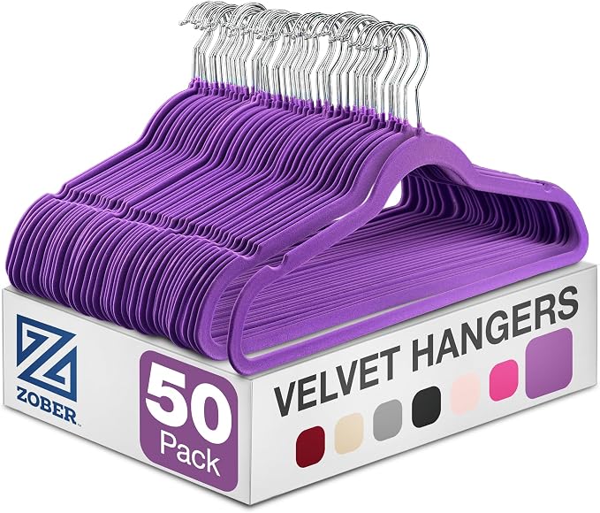 ZOBER Purple Velvet Hangers 50 Pack - Clothes Hangers, Coat Hanger for Pants & Dress Clothes - Non Slip w/ 360 Degree Swivel, Holds up to 10 lbs - Strong Felt Hanger for Clothing by ZOBER