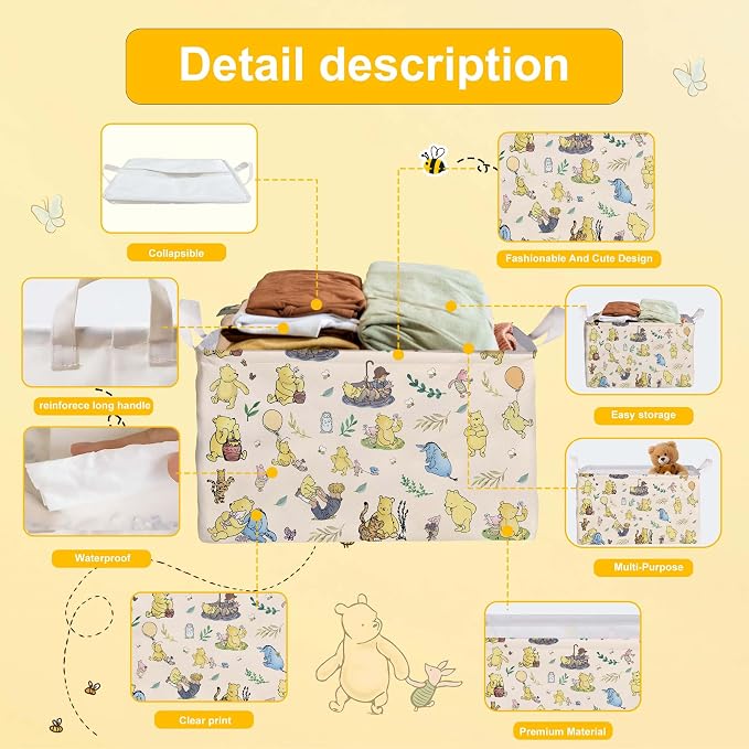 Winnie baby Stuff，Winnie Storage Nursery Basket, Large squarecanvas Laundry Hamper With A Waterproof PECoating, Foldable, Bathroom and Bedroom SetClothes ,Toys Bin, Baby Nursery HamperDecor - Image 3