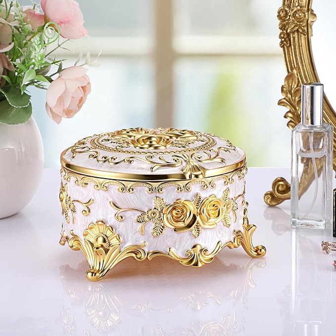 Hipiwe Round Jewery Box Metal Trinket Organizer Decorative Keepsake Box for Trrasure Ring Earring Holder Vintage Jewelry Display Case, Beige, 5.7" L x 5.1" W x 3.5" H - Image 6