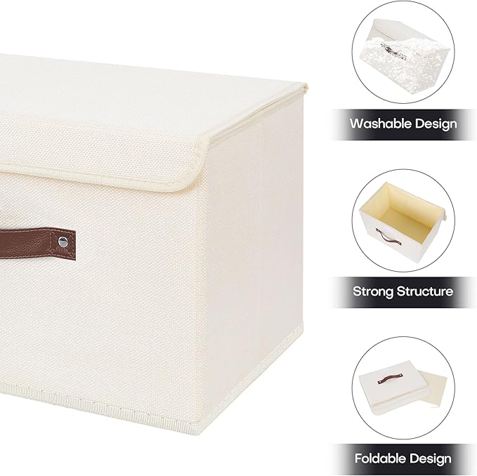 ANMINY Storage Bin with Lid Storage Boxes with PU Leather Handles PP Plastic Board Decorative Foldable Lidded Cotton Linen Fabric Home Cubes Baskets Closet Organizer Container - Beige, Medium - Image 3