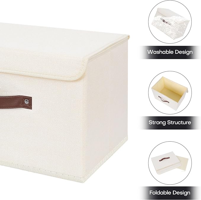 ANMINY 2PCS Storage Bins with Lid PU Leather Handles Storage Boxes PP Plastic Board Decorative Foldable Lidded Cotton Linen Fabric Home Cubes Baskets Closet Organizer Containers - Beige, Large Size - Image 4