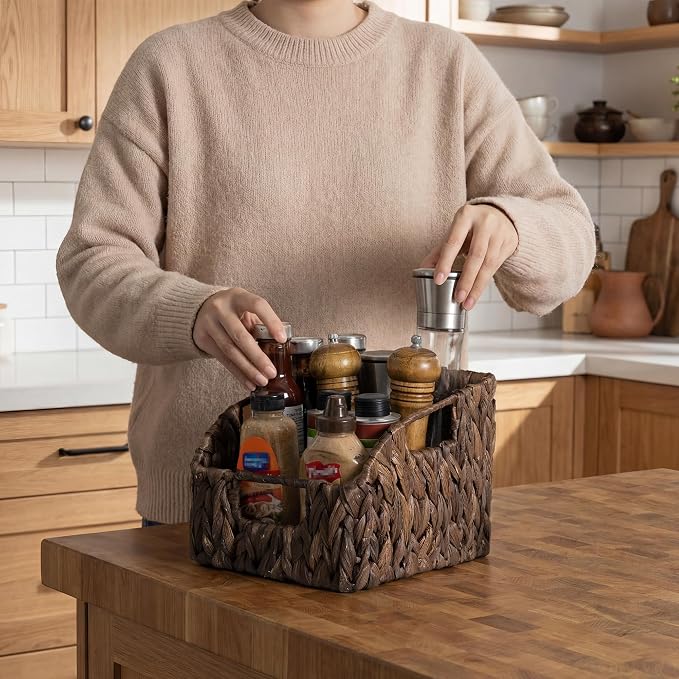 StorageWorks Pantry Baskets for Organizing, Water Hyacinth Storage Baskets for Shelves, Small basket with Built-in Handles, Pantry Organizers and Storage, Brown, Set of 2 - Image 6