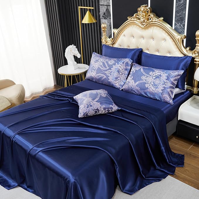 Jacquard King Comforter Set Blue Satin Sheet Set Elegant Bedding Set 8 Pcs Vintage Neoclassical Floral Bed Home Decor Soft Comforter Luxury Hotel Silky Bed in a Bag with 1 Cushion Cover