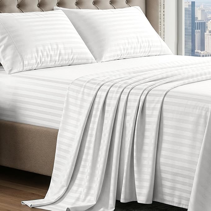 LANE LINEN Striped Sheets Set - 100% Egyptian Cotton 4 Piece Bed for King Size Hotel Bedding & Pillowcases 16" Deep Pocket (Fits Upto 17" Mattress) White