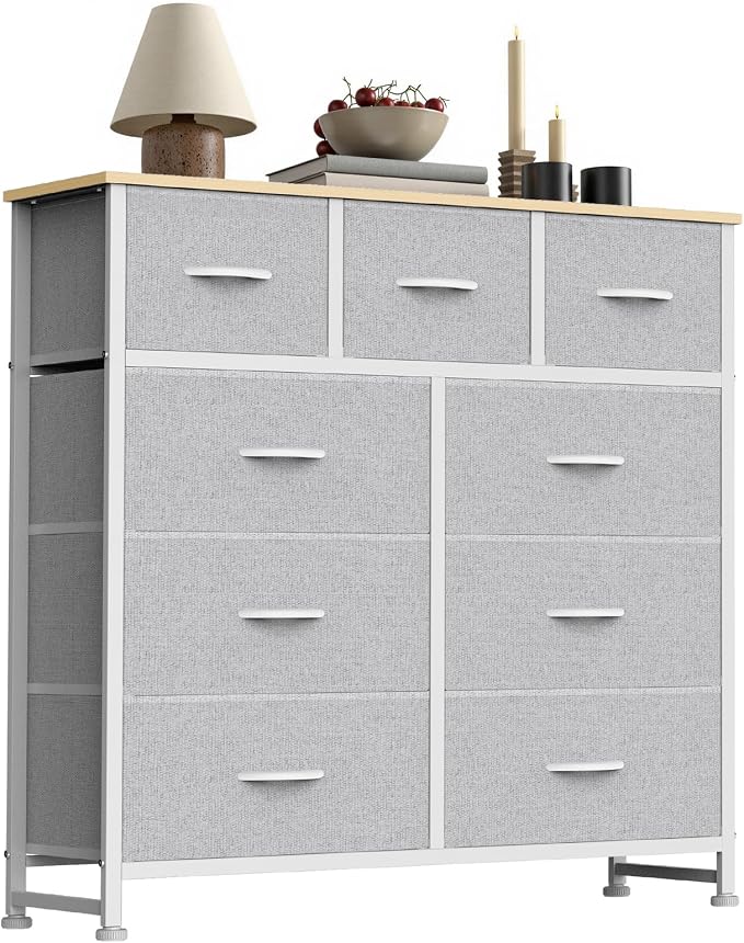 Sweetcrispy 9 Drawer Fabric Dresser Storage Tower with Wood Top and Steel Frame, Organizer Chest with Easy Pull Handles for Bedroom, Closet, Hallway,Light Gray by Sweetcrispy