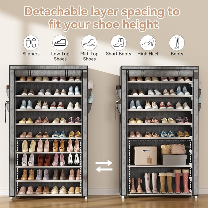 LANTEFUL Shoe Rack with Covers 10 Tier Tall Shoe Rack Organizer Large Capacity Shoe Shelf Storage 40 Pairs Space Saving Free Standing Shoe Storage Organizer for Closet, Entryway, Dorm, Printing - Image 6