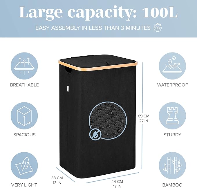 LONBET Laundry Basket with Lid, Made from Breathable Fabric | Aesthetic Clothes Hampers for Laundry with Side Handles & Sturdy Bamboo Frame (26 Gallons - Single, Black) - Image 3