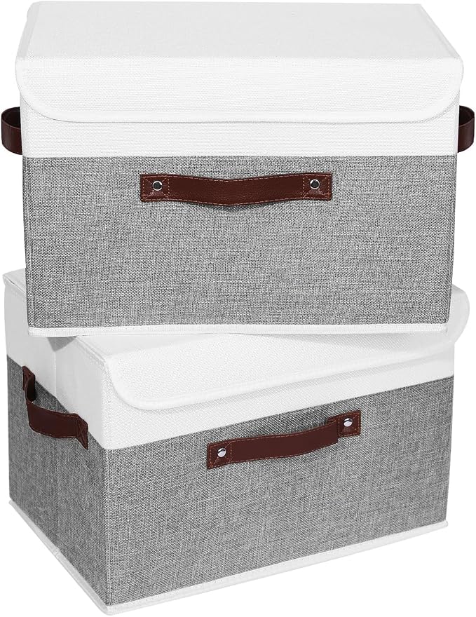 ANMINY 2PCS Storage Boxes with Lid Washable Decorative Storage Bins Basket with PU Leather Handle Foldable Linen Fabric Storage Cubes Containers for Home Closet Organizer - Gray White, Large Size - Image 2