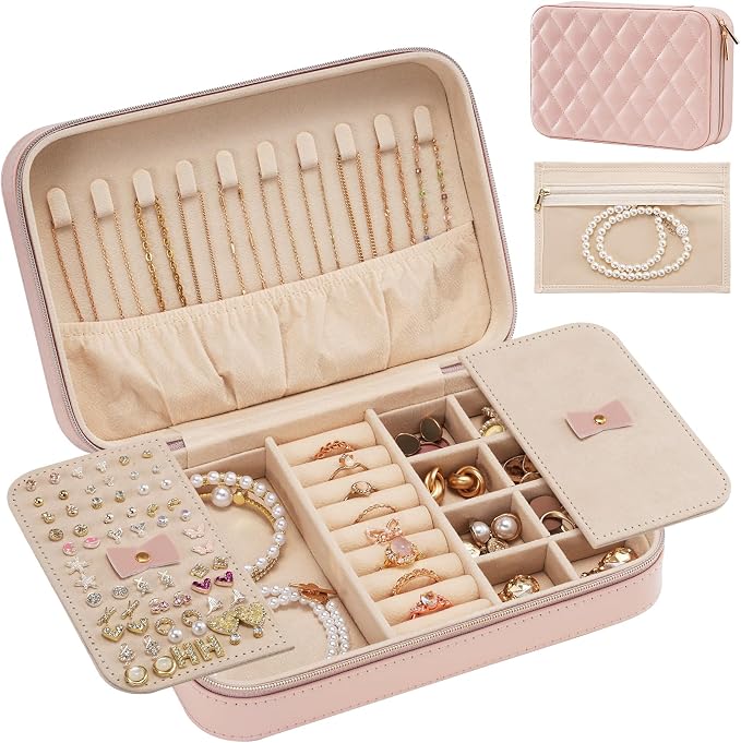 Lolalet Travel Jewelry Case for Women Girls, Travel Jewelry Organizer Box with Mirror & Clear Storage Bag, Small Portable Earring Necklace Bracelet Ring Case, Birthday Valentine Gifts -Medium, Pink by Lolalet