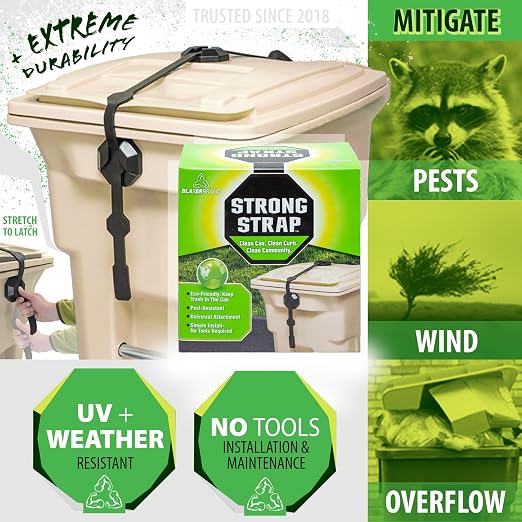 Blazer Brand Strong Strap Lid Lock for 32–96 Gallon Garbage Cans (1 Starter Kit) Long Lasting, No Tools Required, Stretch to Latch, Mitigate Pests, Wind, Overflow, and Spillage - Image 3