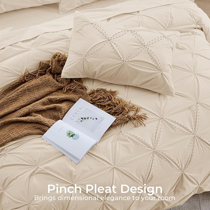 Sasttie Twin XL Comforter Set, 5-Piece Bed in a Bag, Pintuck Bedding Sets for All Season, Includes Comforter, Flat Sheet, Fitted Sheet, Pillowcase and Pillowsham, Warm Beige