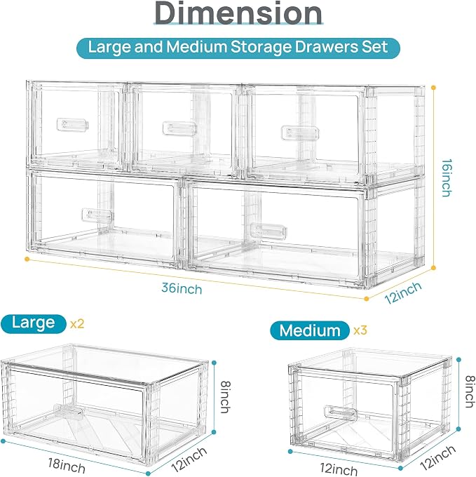 Vtopmart 5 Pack Large & Medium Stackable Drawer Organizer Set, 108QT Easy Assembly Clear Plastic Storage Cabinet, Durable Dresser for Closet, Bedroom, Entryway, Playroom & Apartment Organization - Image 2