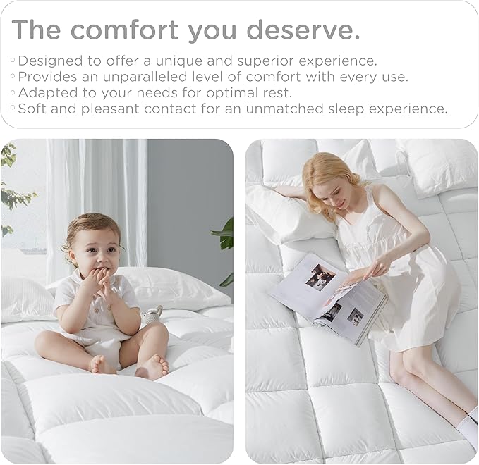 KUB Cotton Mattress Topper, Queen, Cooling Cotton Pillow Top with 8-21 Inch Deep Pocket, 3D Snow Down Alternative Fill, Breathable Fluffy Mattress Pad Cover (White, Queen 80 * 60inch)
