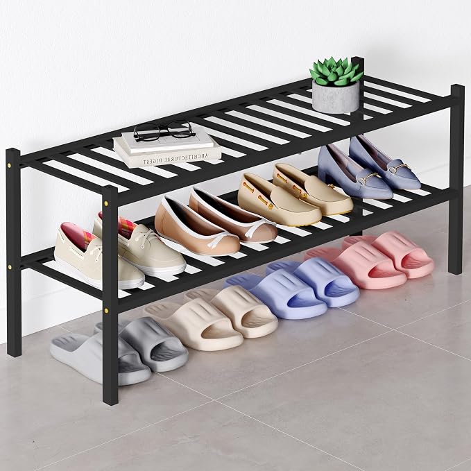 Smiry Bamboo Shoe Rack for Closet, 2 Tier Long Wooden Stackable Shoe Organizer, Free Standing Shoes Storage Shelf for Entryway, Front Door Entrance, Black by Smiry