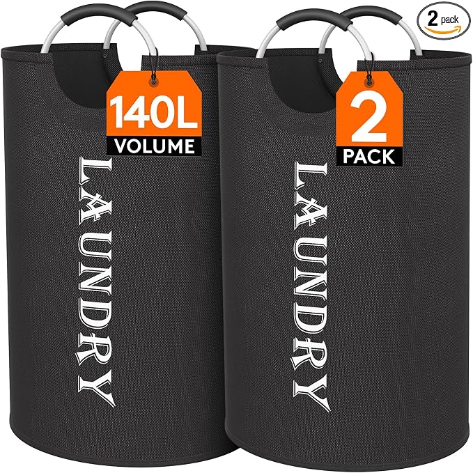 Lifewit 140L 2-Pack Large Laundry Basket, Collapsible Laundry Hamper with Aluminum Handles, Waterproof Freestanding Dirty Clothes Hampers for Laundry Room Bedroom Dorm Bathroom, Black by Lifewit