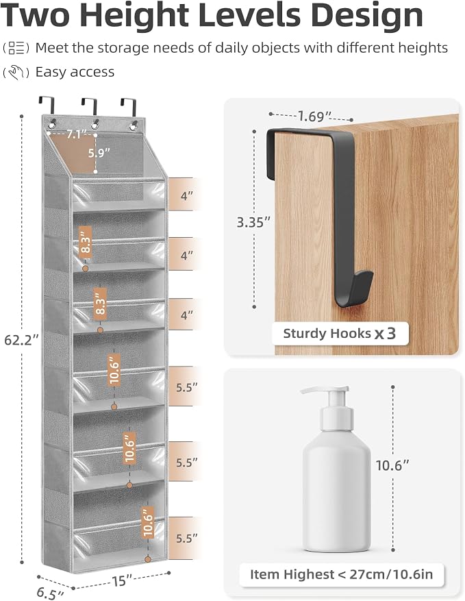 STORAGE MANIAC Over the Door Organizer Large Capacity Hanging Organizer, Clear Deep Pockets Behind Door Closet Organizer and Storage for Nursery, Bathroom, Bedroom, Pantry, 1 Pack Grey - Image 2