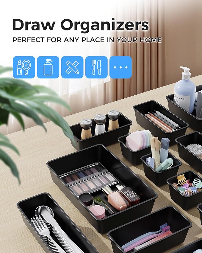 BiuLeon 25 PCS Plastic Drawer Organizers Set, 4-Sizes Vanity and Makeup Organizer, Desk and bathroom Drawer Organizer Trays, Organizers and Storage for Makeup, Jewelry, Gadgets, Utensils (Black) - Image 3