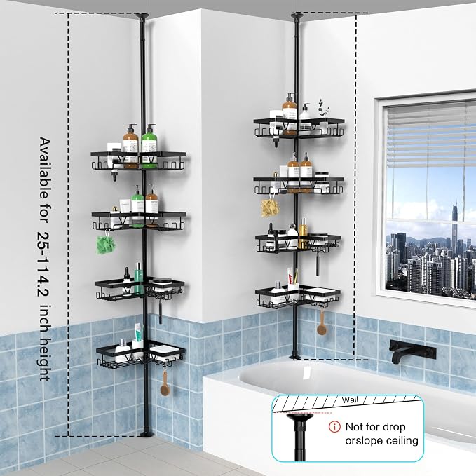 KEGII Corner Shower Caddy Tension Pole - Shower Tension Rod Organizer, Floor to Ceiling Shower Caddy 25-114.2 inch, Towel Rack Corner Waterproof, Black - Image 7