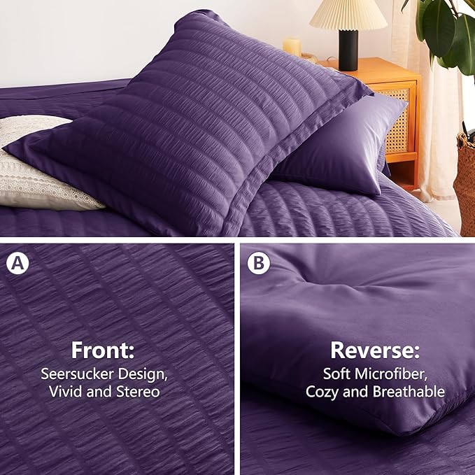 CozyLux Full Size Comforter Sets with Sheets 7 Pieces, Purple Seersucker Bed in a Bag Textured Luxury Soft Bedding Sets with Down Alternative Comforter, Sheets, Pillowcases & Shams for All Seasons