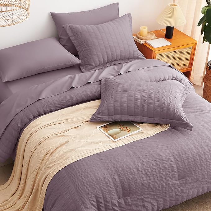 CozyLux Queen Comforter Set Dusty Purple Seersucker 7 Pieces Bed in a Bag Queen Comforter Set with Sheets, Grayish Purple Luxury Bedding Sets Down Alternative Comforter, Sheets, Pillowcases & Shams