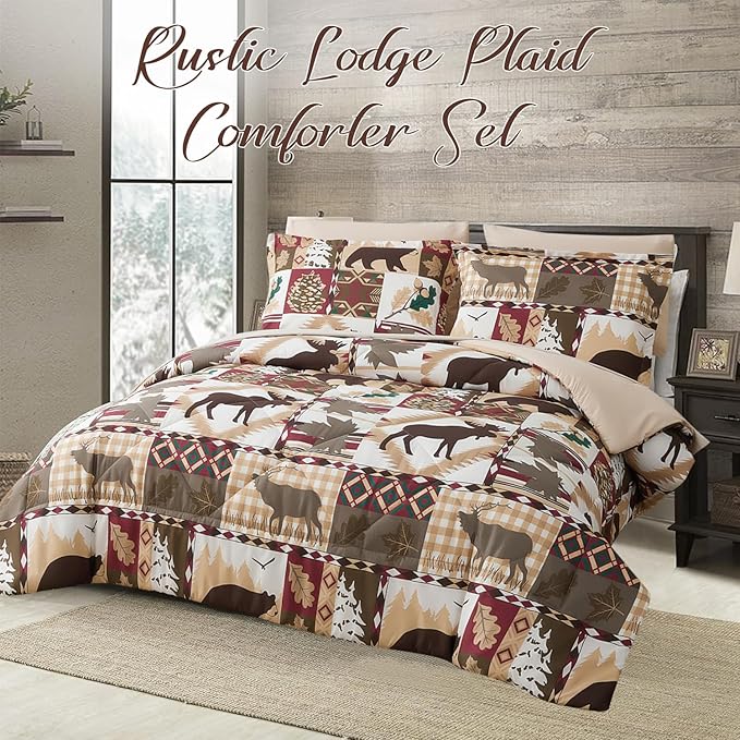 Comforter Set Queen Size Plaid Patchwork Comforter Bedding-7 Piece Bed in a Bag,Soft Reversible Bear Moose Microfiber Bedding Set(1 Comforter,1 Flat Sheet,1 Fitted Sheet,2 Pillowcases,2 Pillow Shams)