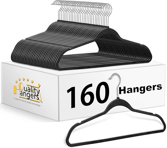 Quality Hangers 160 Pack Plastic Hangers for Clothes - Slim Non-Velvet Hangers with 360° Swivel Chrome Hook & Non Slip Notches - Ideal for Dresses Coats Shirts Jackets & More - Black by QualityHangers