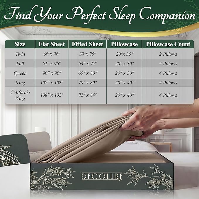 DECOLURE 100% Viscose Derived from Bamboo Sheets King Size - Luxury 6 Pc Naturally Cooling Sheets, Ultra Soft Bed Set - Deep 17" Pockets, Durable Double Stitching, Oeko Tex Standard (Taupe)