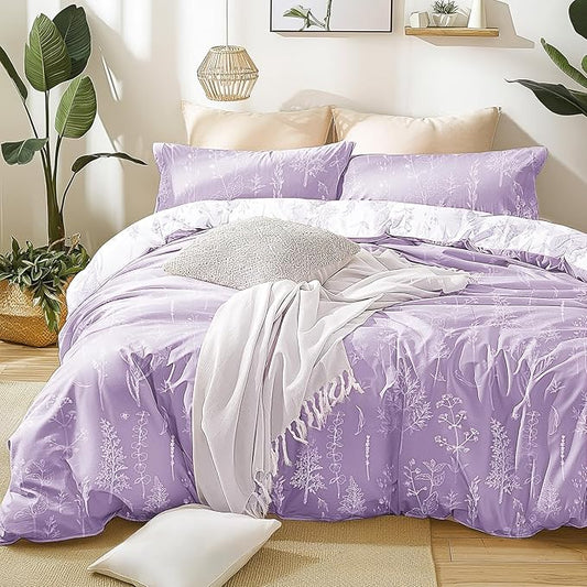 Love's cabin Lavender Comforter Set King - King Size Comforter Set, 3 Pieces Cute Floral Bedding Sets for All Seasons,1 Soft Reversible Botanical Flowers Comforter and 2 Pillow Shams