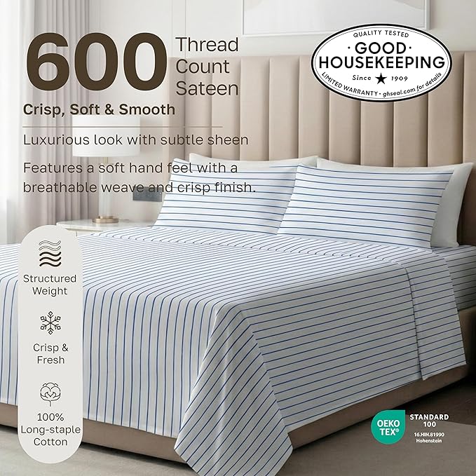 California Design Den Printed Striped Bed Sheets Full Size Set - 600 Thread Count, 100% Cotton Sateen, Premium Deep Pocket Full Sheet Set - Classic Blue Stripe Print