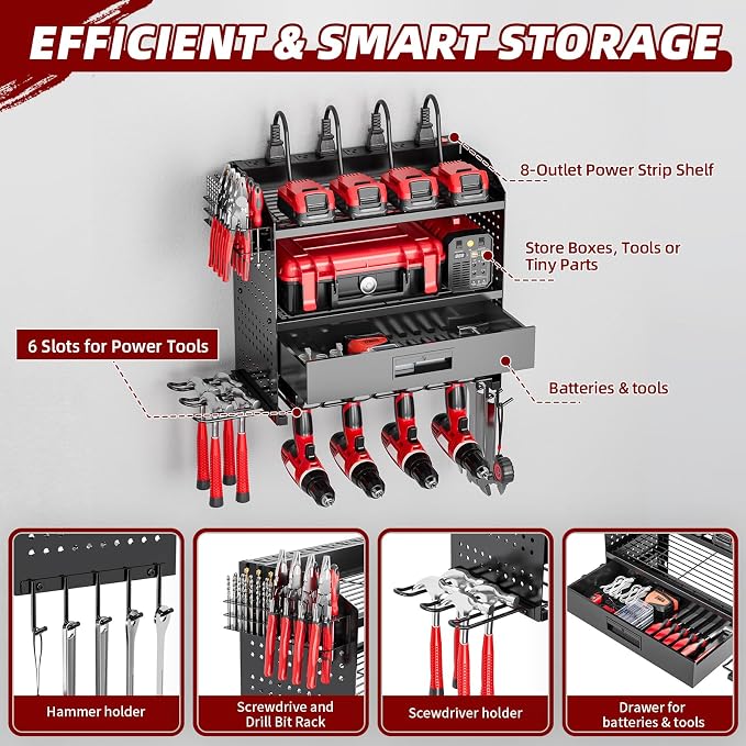 Power Tool Organizer Wall Mount Heavy Duty 130 lbs, 4 Layers Storage Rack with 6 Drill Holders & Battery Storage, Cordless Tool Organizer for Garage, Workshop & Tool Room - Image 4