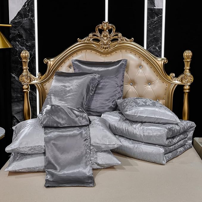 Grey Comforter King Jacquard Bedding with Grey Satin Sheet Set Royal Embroidery Neoclassical Floral Home Decor Soft Luxury Hotel Bed in a Bag 8 Pcs Include 1 Cushion Cover