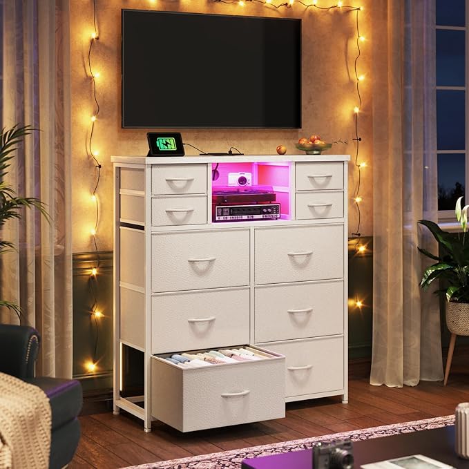 Romorgniz White Dresser for Bedroom with 10 Drawers Featuring LED Light and Power Outlet, Fabric Dressers & Chest of Drawers with Open Shelves for Hallway, Living Room, Steel Frame,Wood Top