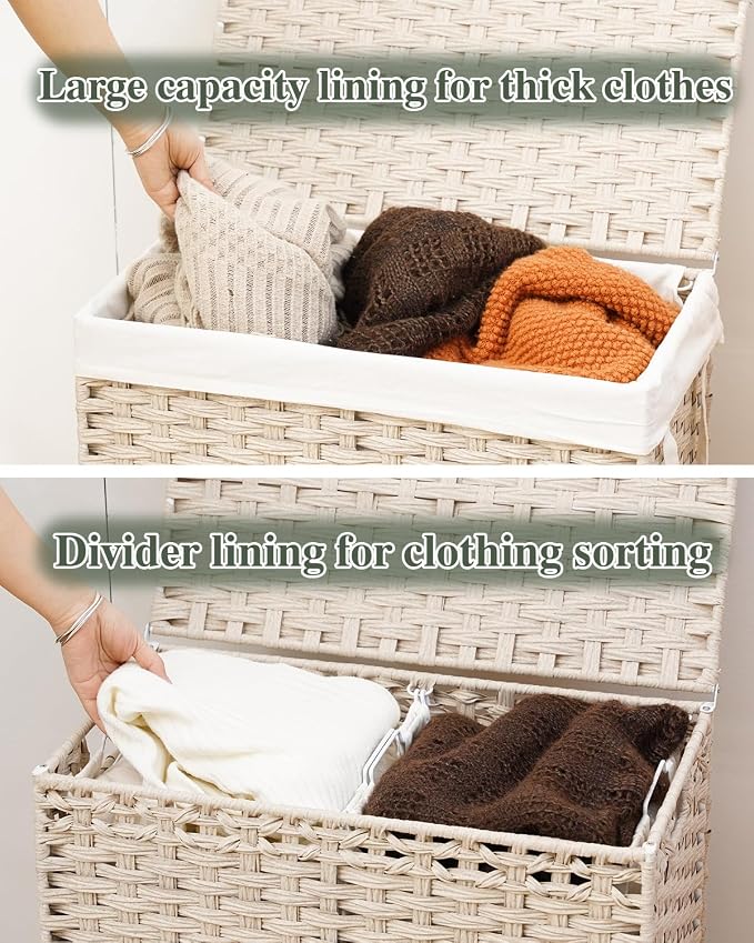 SETVSON Laundry Hamper with Lid Wicker Laundry Basket 112 L (29.6 Gal) Laundry Hampers Handwoven Rattan Clothes Hamper with Handles 3 Removable Liner Bag, 6 Mesh Bags for Bathroom Bedroom Light Khaki - Image 3