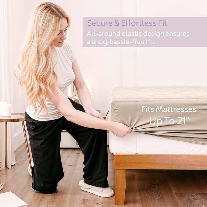 Hearth & Harbor Full Size Quilted Fitted Mattress Pad Cover, 100% Waterproof Mattress Protectors, Deep Pocket Fitted Mattress Cover 8" - 21" (54" x 75", Beige Cream)