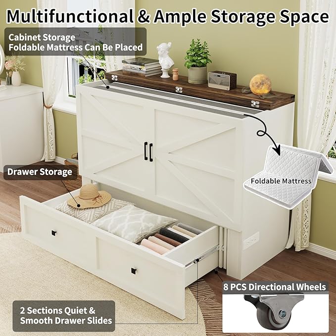 LUXOAK Murphy Bed with Charging Station, Queen Size Cabinet Bed with Large Storage Drawer for Home Office or Small Room, Hideaway Foldable Platform Bed, White