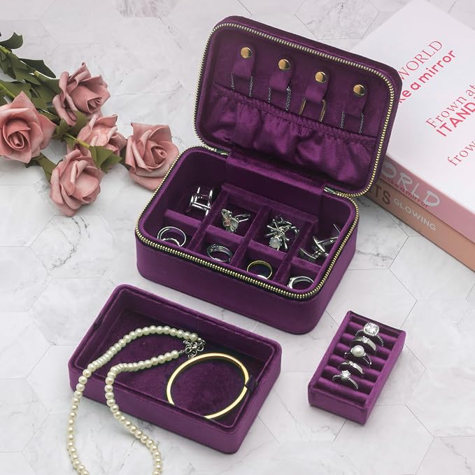Velvet Travel Jewelry Organizer Box with Zipper Around Portable Accessory Display Tray Holder Storage Case for Multiple Earrings Rings Necklaces Bracelets (Purple) - Image 6