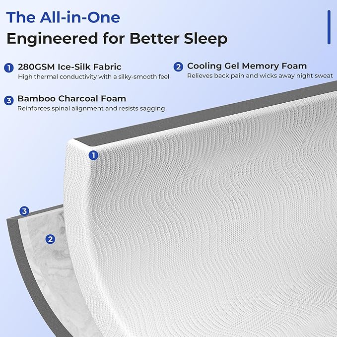 Cooling Mattress Topper Twin XL Size 3 Inch, Cooling Gel & Bamboo Charcoal Memory Foam Mattress Topper for Back Pain Relief, Firm Dual-Layer Foam Bed Pad with Removable Cover College Dorm
